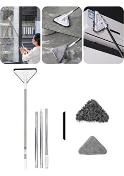 ( 2 Farklı Bezli ) Teleskopik Üçgen Camsil Duvar Yüzey Cam Silme Aparatı Mop Mikrofiber