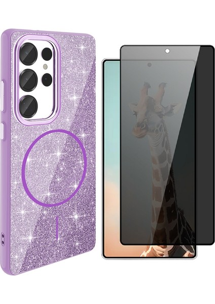 Samsung Galaxy S25 Ultra Kılıf M-safe Şarj Özellikli Parlayan Simli Zore Okso Kapak + Hayalet Temperli Ekran Koruyucu