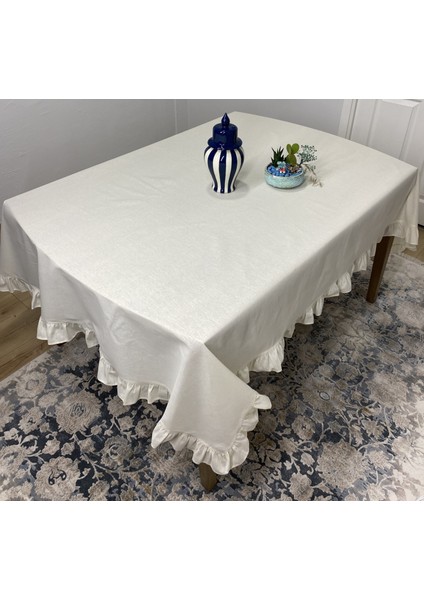 %100 Ham Pamuklu Keten Fırfırlı Masa Örtüsü 160X220 cm Mutfak Salon Masa Örtüsü