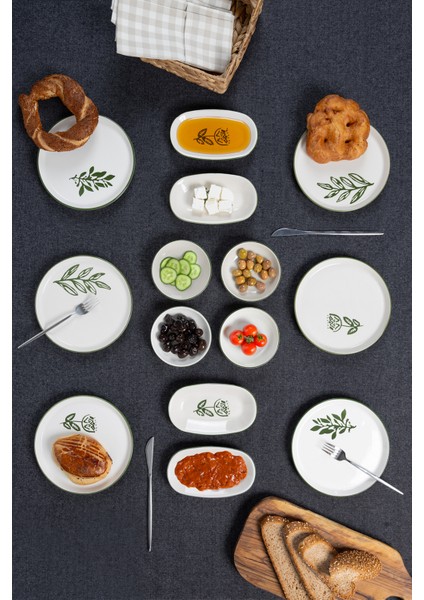 14 Parça 6 Kişilik Handmade Yeşil Çiçek Kahvaltı Takımı - Lüx Kahvaltılık Sunum Seti