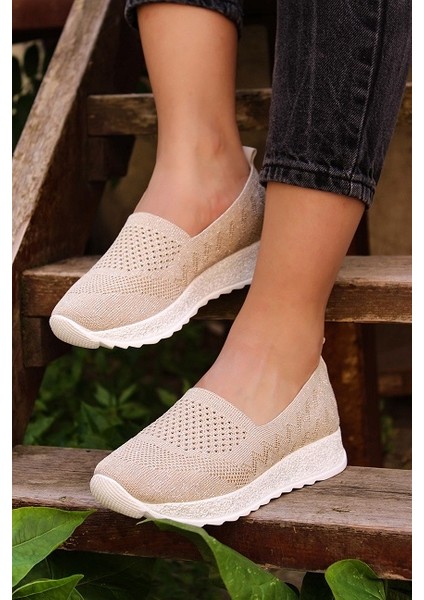 Kadın Günlük Rahat Ortopedik Yumuşak Taban Triko Bej Anne Spor Ayakkabı Sneaker