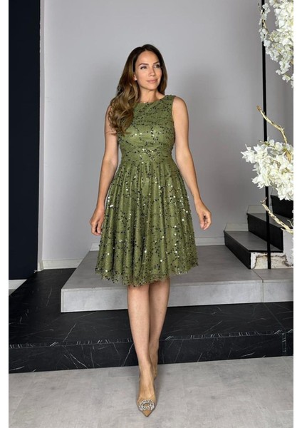 G1433 Payet Detaylı Dantel Tasarım Elbise Haki