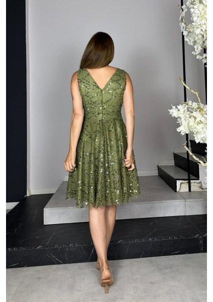 G1433 Payet Detaylı Dantel Tasarım Elbise Haki modelleri