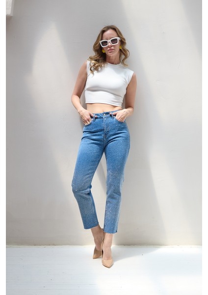 Taşlı Yüksek Bel Mom Jean