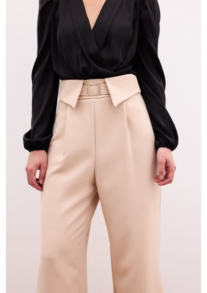 Bel Detaylı Geniş Paça Pantolon - Bej fırsatları