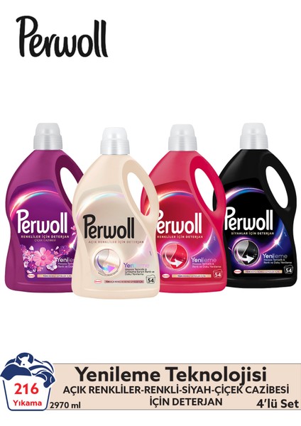 Yenileme Renkli 2.97L & Perwoll Yenileme Siyah 2.97L & Perwoll Yenileme Beyaz 2.97L & Perwoll Yenileme Çiçek Cazibesi Renkliler 2.75L (4'lü Set)