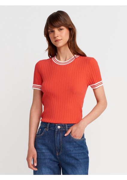 10765 Bisiklet Yaka Çizgili Triko Bluz-Kırmızı-E.