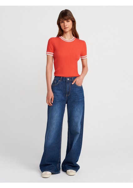 10765 Bisiklet Yaka Çizgili Triko Bluz-Kırmızı-E. fırsatları