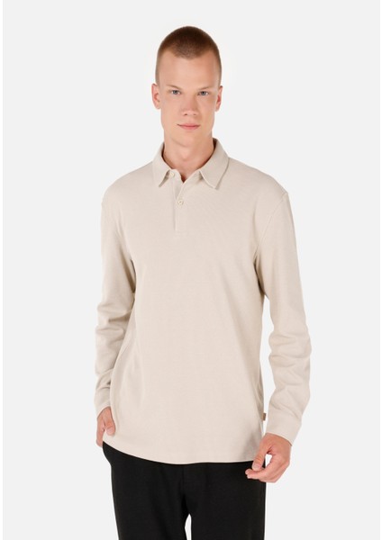 Regular Fit Polo Yaka Jakarlı Erkek Bej Uzun Kol Tişört