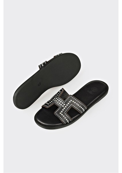 Siyah Deri Kadın Düz Terlik modelleri