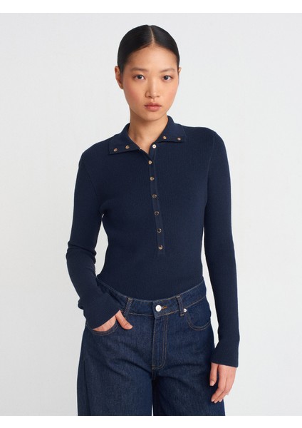 10686 Dik Yaka Çıtçıtlı Triko Kazak-Lacivert