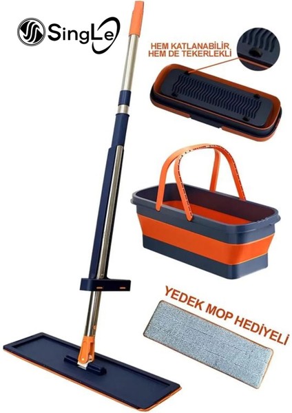 Kendinden Sıkmalı Mop ve Tekerlekli Katlanabilir Kova Seti 1 Adet Yedek Bez Hediyeli