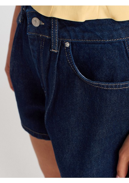 71997 Pileli Rins Yıkama Denim Şort-Lacivert