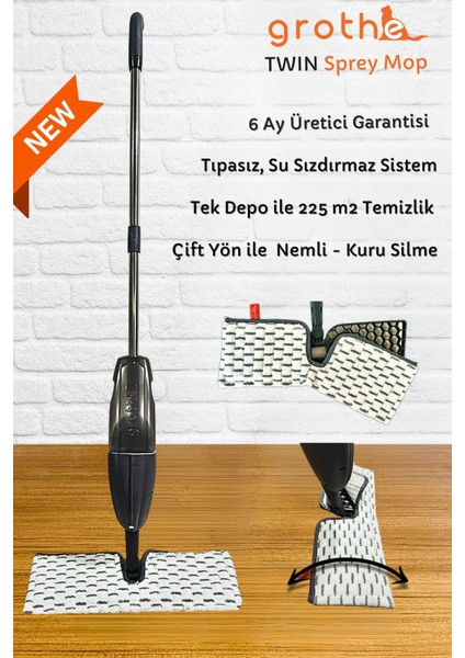 Twin Sprey Mop - 1 Adet Çift Taraflı Bez-Tıpasız Sistem-Üretici Garantili-Su Hazneli Püskürtmeli Mo