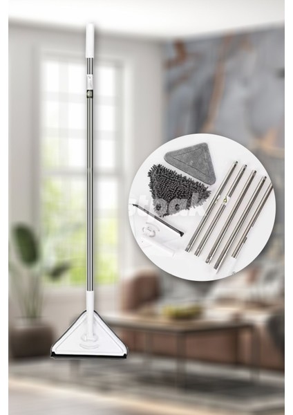 Üçgen Mop - 3 Bezli Cam Çekçekli Mop - Cam, Yer, Duvar - Püskül ve Mikrofiber Bez