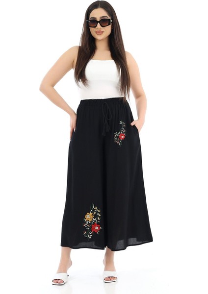 Kadın Viskon Bol Paça Bel Lastik Ip Bağlama Pantolon