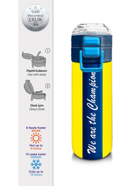 Kids Sarı Lacivert Çubuklu Pipetli ve Direkt Içim Çelik Termos 500 ml 31791