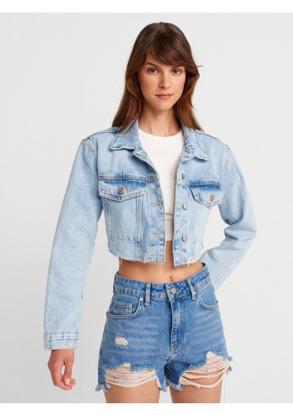 65377 Lazer Detaylı Crop Denim Ceket-Mavi