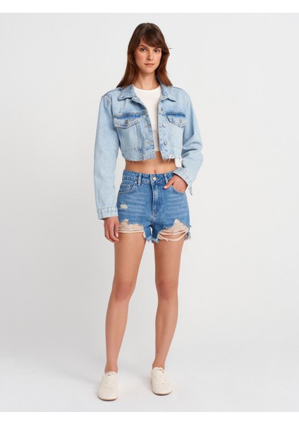 65377 Lazer Detaylı Crop Denim Ceket-Mavi fırsatları