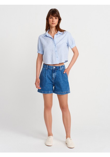 72000 Yan Cepli Pileli Denim Şort-Lacivert