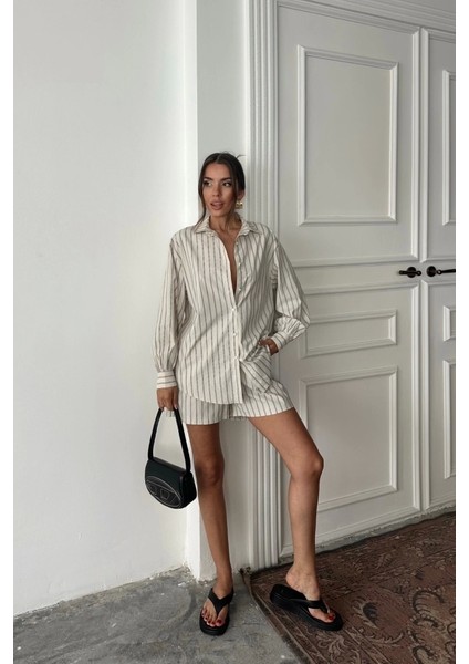 Poplin Çizgili Gömlek - Şort Takım - Bej fiyatları