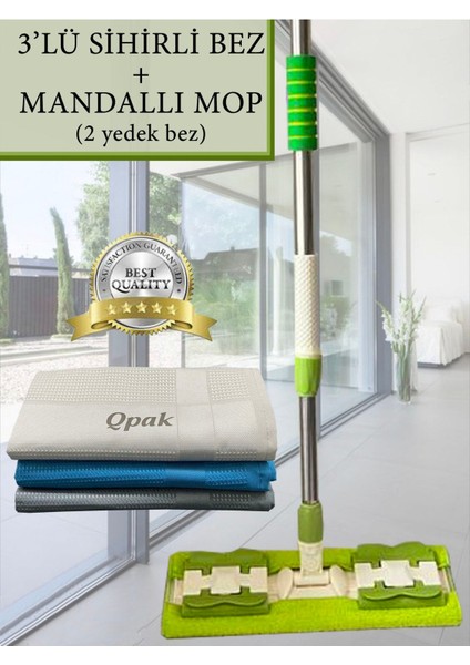 Temizlik Seti Mandallı Teleskopik Mop (2 Yedek Bez) 3'lü Sihirli Bezz
