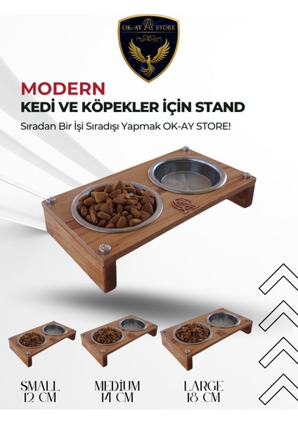 Kedi Köpek Mama ve Su Kabı Standı – Ahşap Gövde, Paslanmaz Çelik Kaseli, Kaymaz Tabanlı