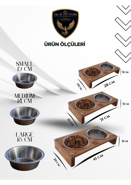 Kedi Köpek Mama ve Su Kabı Standı – Ahşap Gövde, Paslanmaz Çelik Kaseli, Kaymaz Tabanlı