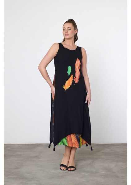 Kadın Yazlık Bol Kolsuz Rahat Baskılı Elbise