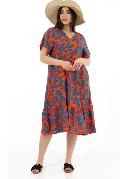 Kadın Viskon Yarım Kol V Yaka Cepli Fırfırlı Elbise Orange