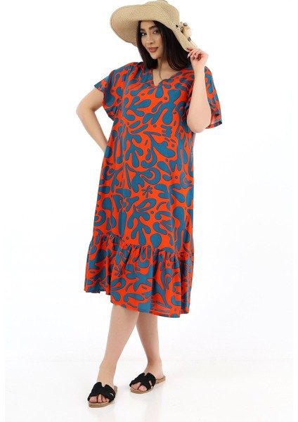 Kadın Viskon Yarım Kol V Yaka Cepli Fırfırlı Elbise Orange fiyatları