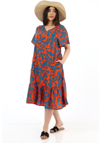 Kadın Viskon Yarım Kol V Yaka Cepli Fırfırlı Elbise Orange modelleri