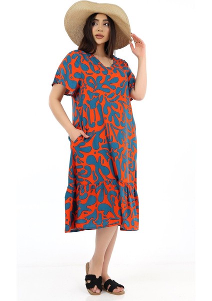 Kadın Viskon Yarım Kol V Yaka Cepli Fırfırlı Elbise Orange fırsatları