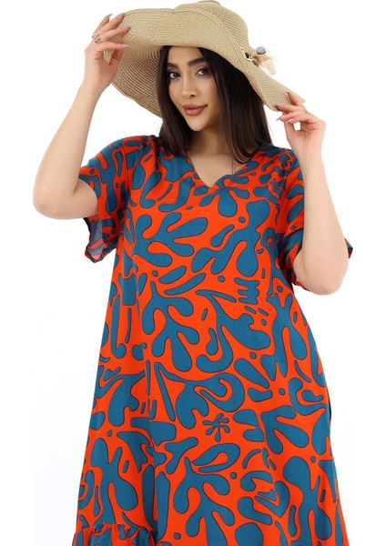 Kadın Viskon Yarım Kol V Yaka Cepli Fırfırlı Elbise Orange indirimleri