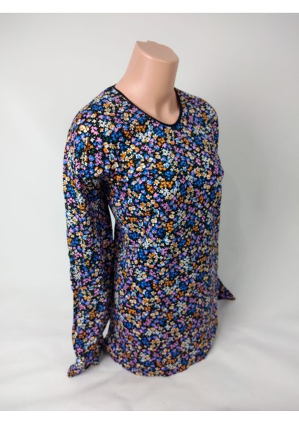 Kadın Siyah Mavi Lila U Yaka Uzun Kollu Desenli Yırtmaçlı Dokuma Viskon Anne Penye Tişört