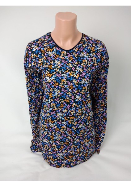 Kadın Siyah Mavi Lila U Yaka Uzun Kollu Desenli Yırtmaçlı Dokuma Viskon Anne Penye Tişört fiyatları