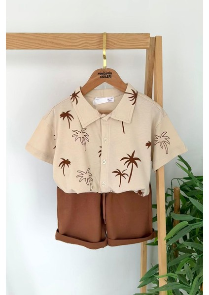 Palmiye Baskılı Pamuklu Şortlu Erkek Çocuk 2 li takım - Krem