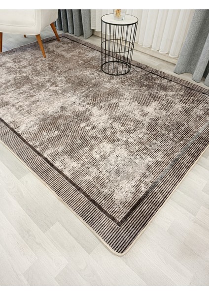 Vizon Kahverengi Geometrik Desen Kaymaz Taban Yolluk Halı