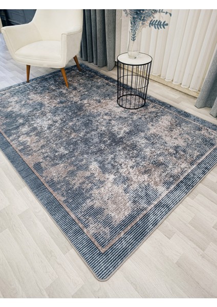 Gri Mavi Renk Geometrik Desen Kaymaz Taban Yolluk Halı