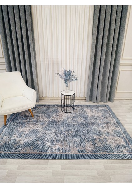 Gri Mavi Renk Geometrik Desen Kaymaz Taban Yolluk Halı modelleri