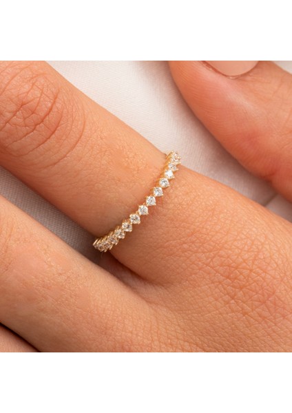 Gümüş Yüzük - Yarım Tur Alyans Zirkon Taşlı 925 Ayar Gümüş Yüzük