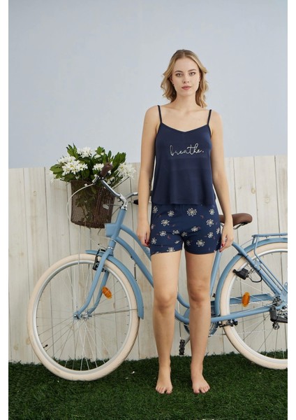 Kadın Milan Kumaş Ip Askılı Şortlu Lacivert Pijama Takımı - 7624