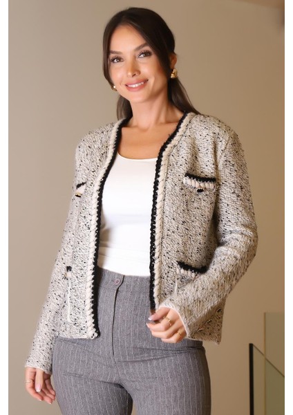 Gri Cepleri Düğmeli Kadın Triko Hırka 021-2K5