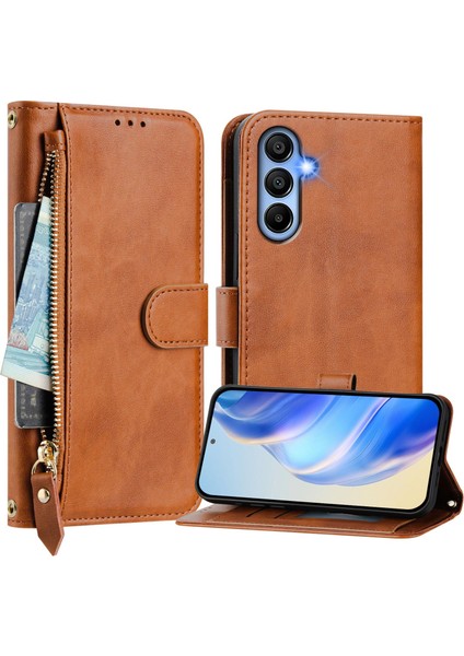 Samsung Galaxy A15 Için Flip Kılıf Koruma Premium Darbeye Dayanıklı Pu Deri Fermuarlı Cüzdan Kılıfı Kart Tutucu ve Uzun Askılı (Yurt Dışından)