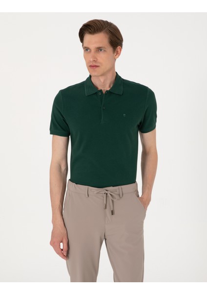 Erkek Koyu Yeşil Slim Fit %100 Pamuk Polo Yaka Basic Tişört 50306448-VR079