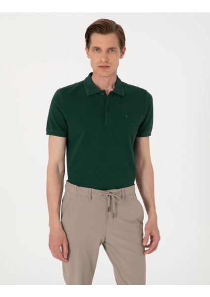 Erkek Koyu Yeşil Slim Fit %100 Pamuk Polo Yaka Basic Tişört 50306448-VR079