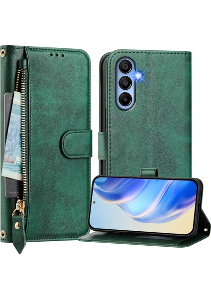 Samsung Galaxy A15 Için Flip Kılıf Koruma Premium Darbeye Dayanıklı Pu Deri Fermuarlı Cüzdan Kılıfı Kart Tutucu ve Uzun Askılı (Yurt Dışından)