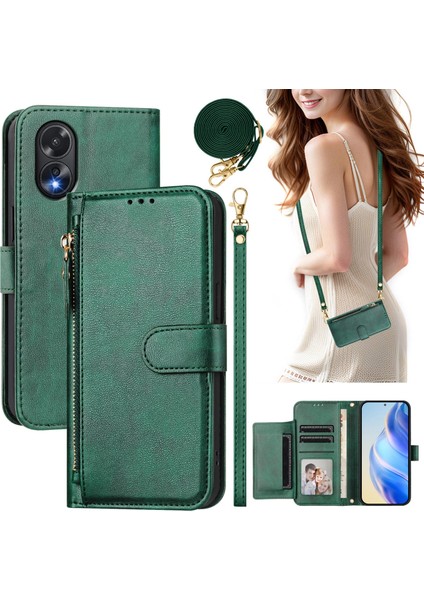 Oppo A38 4G/A18 4g Için Flip Kılıf Koruma Premium Darbeye Dayanıklı Pu Deri Fermuarlı Cüzdan Kılıfı Kart Tutucu ve Uzun Askılı (Yurt Dışından)