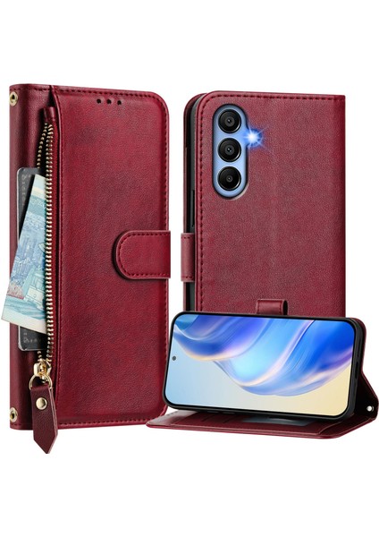 Samsung Galaxy A15 Için Flip Kılıf Koruma Premium Darbeye Dayanıklı Pu Deri Fermuarlı Cüzdan Kılıfı Kart Tutucu ve Uzun Askılı (Yurt Dışından)