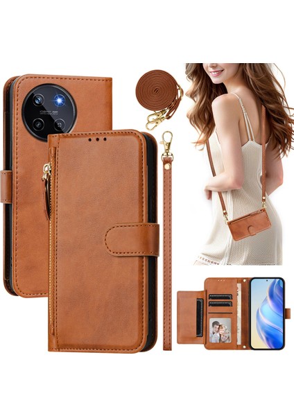 Realme 11 4g Için Flip Kılıf Koruma Premium Darbeye Dayanıklı Pu Deri Fermuarlı Cüzdan Kılıfı Kart Tutucu ve Uzun Askılı (Yurt Dışından)